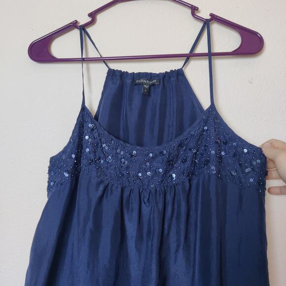 Eileen Fisher Small Silk Sequin Beaded Racerback Mini Slip Dress Navy Blue Glam - Picture 3 of 11